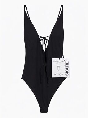 Skatie Black One Piece Swimsuit Size L NWT Plunge Backless